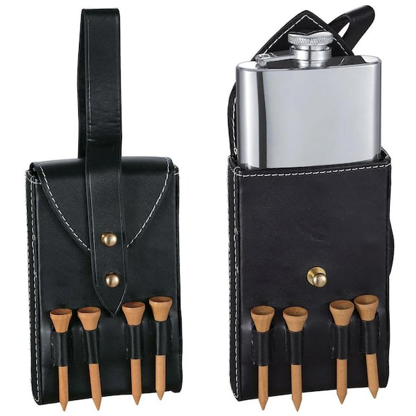 Visol Puck Liquor Flask with Black Leather Wrap and Golf Tees