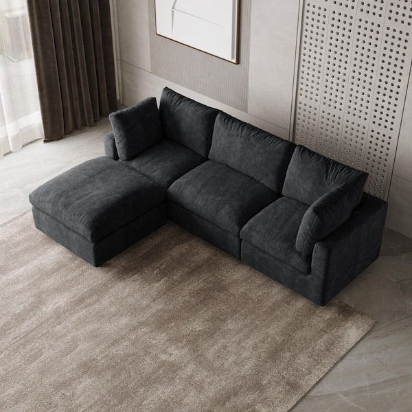 100.5 in. Square Arm Chenille 4-piece Sectional Sofa with Ottoman and Removable Covers in Black L-Shaped