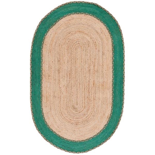 SAFAVIEH Natural Fiber Beige/Green 6 ft. x 9 ft. Border Woven Oval Area Rug