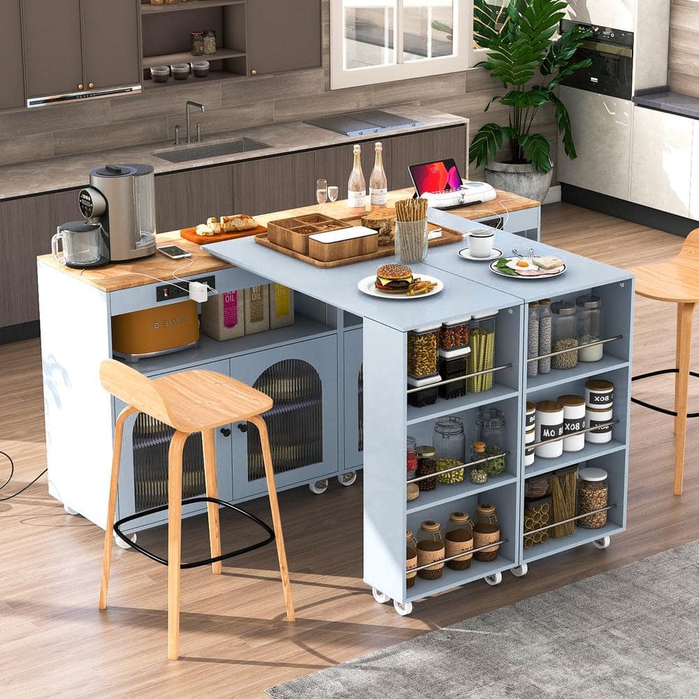 Grey Blue Rubberwood 56.3 in. W LED Kitchen Island on Wheels with Extended 