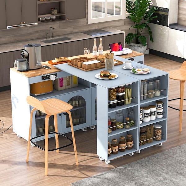 PDTEND Grey Blue Rubberwood 56.3 in. W LED Kitchen Island on Wheels with Extended Table, Power Outlets and 2-Fluted Glass Doors