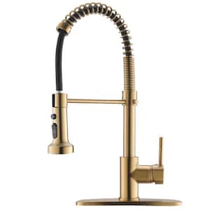Contemporary Single-Handle Gooseneck Pull-Down Sprayer Kitchen Faucet in Brushed Gold