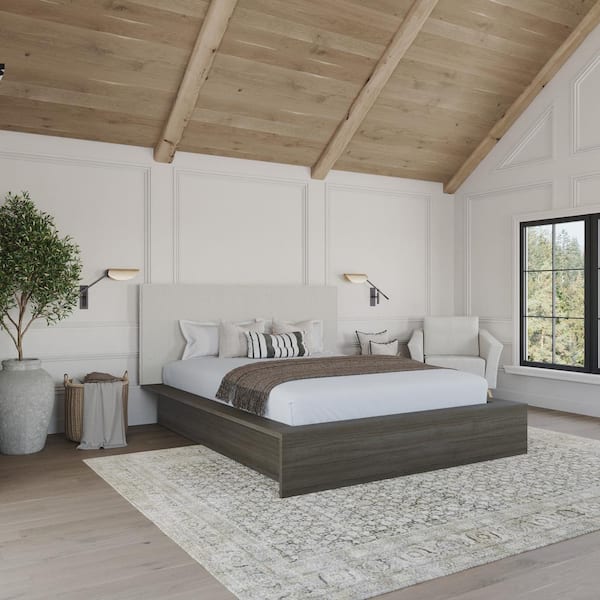 Nexera Bardot Gray Oak Frame Queen Size Platform Bed with Gray Upholstered Headboard