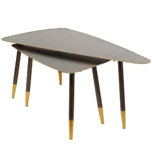 25 in. Black Triangle Metal Nesting End Table with Gold Feet 2-Pieces