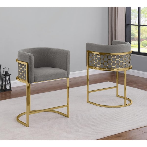 Evan 35.5 in. H Dark Grey Low Back Gold Metal Frame Bar Stool with Teddy Fabric Seat Set of 1