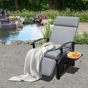 Black Metal Outdoor Adjustable Backrest Lounge Chair with Side Table and Gray Cushions