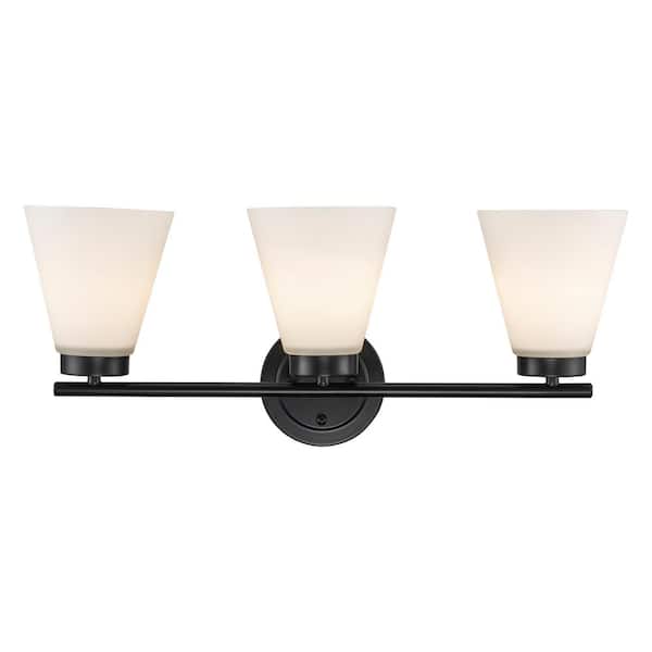 Bel Air Lighting Fifer 23 in. 3-Light Black Bathroom Vanity Light Fixture with Frosted Glass Shades