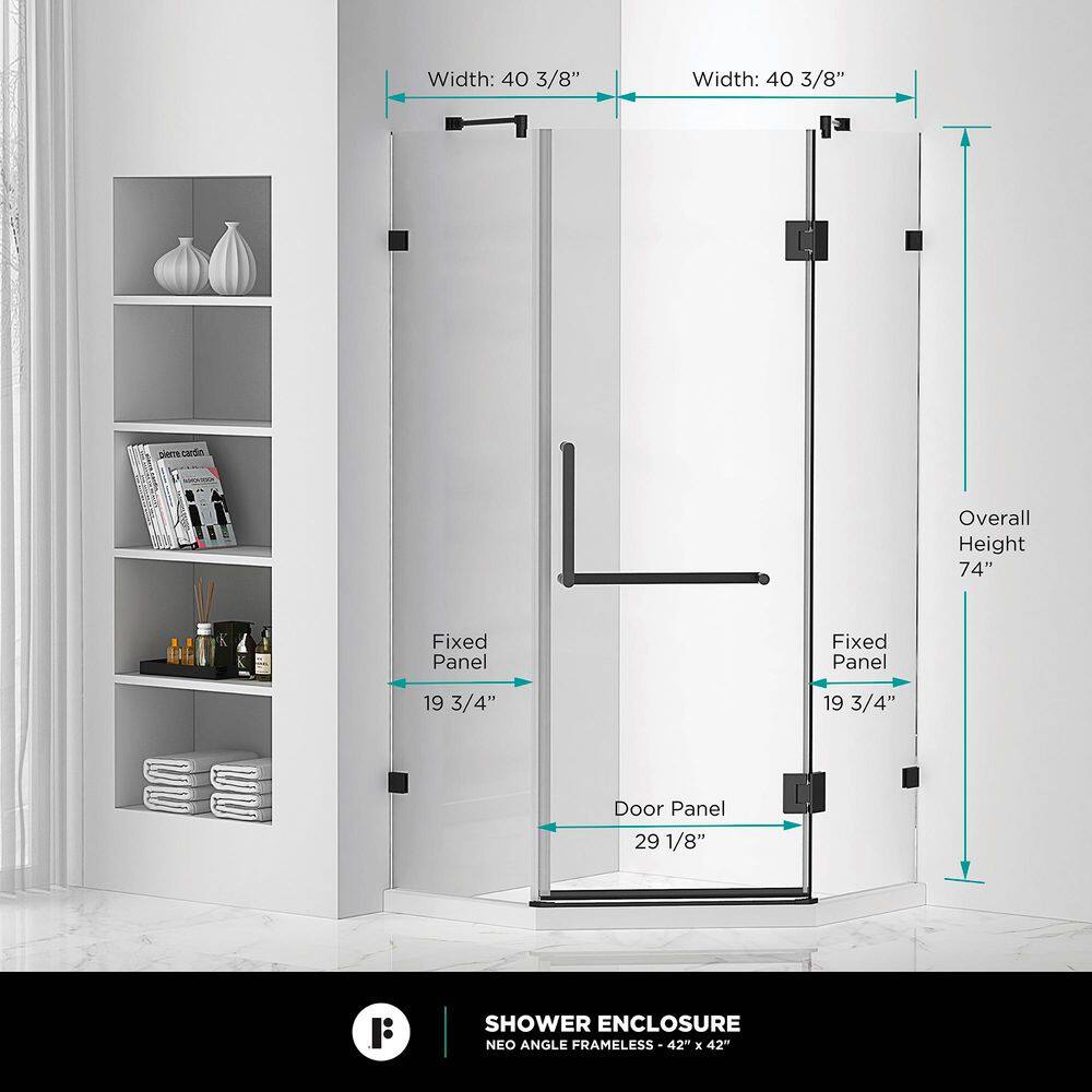 42'' W x 74'' H Black Frameless Glass Shower Enclosure