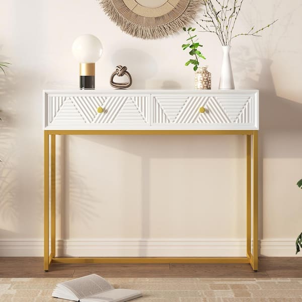 38 in. White Rectangle MDF Console Table with 2 Drawers