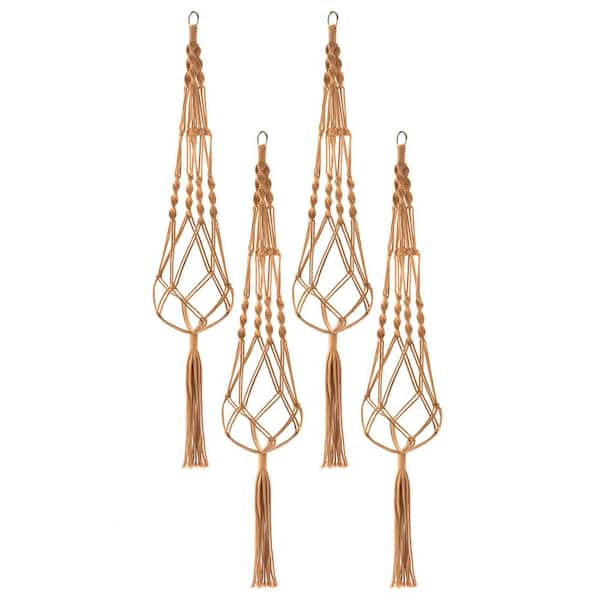 Macrame Plant Hanger, 12 in x 41 in Brown Cotton Round Indoor/Outdoor Hanging Planter 4-Pack, For Home, Patio, Garden