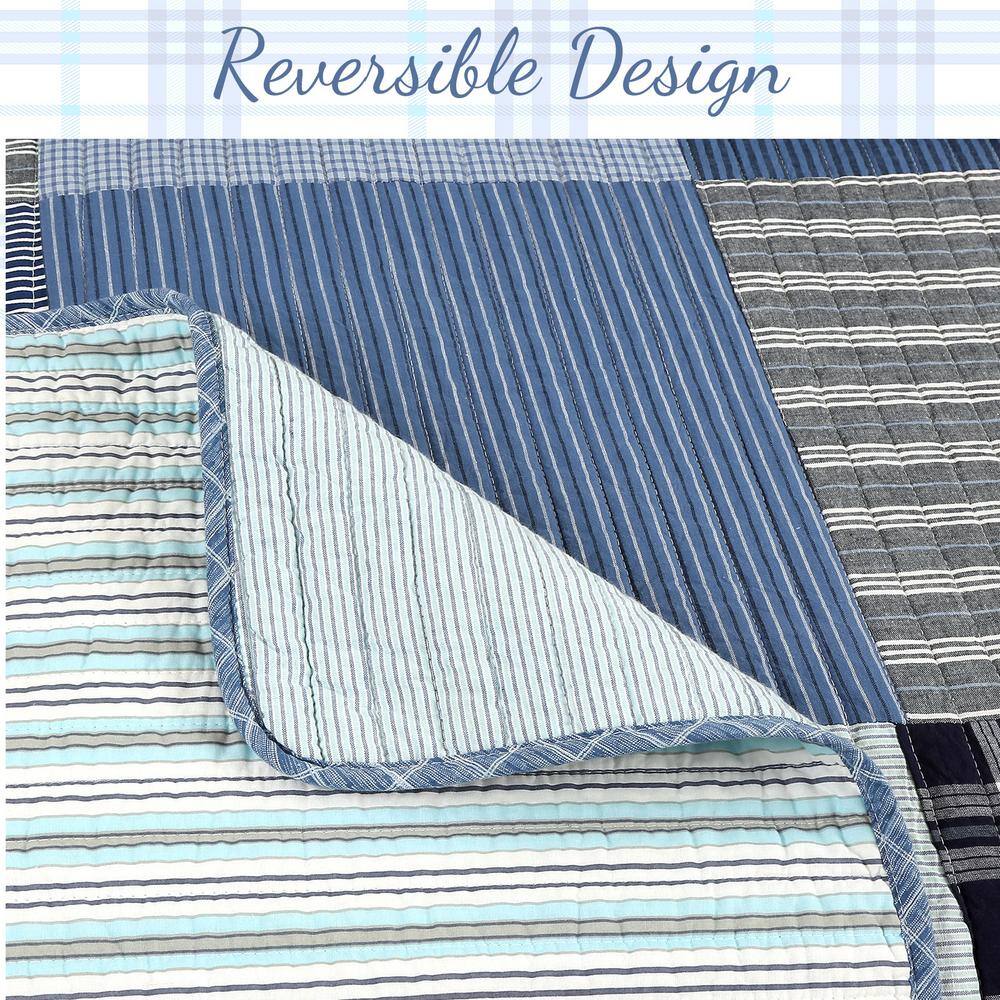 Twin Blue Cotton Reversible Patchwork Quilt Bedding Set