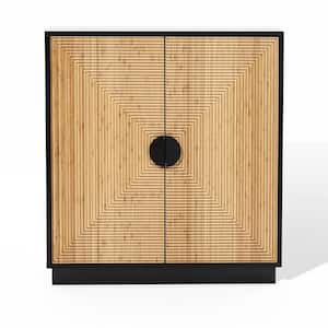 Black Modern Boho 2-Door Storage Cabinet with Bamboo Strips
