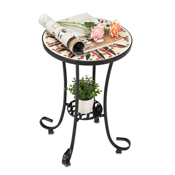 VINGLI Mosaic Outdoor Side Table Accent Table,Glass Top Black Iron,Brown Flower 14 Round End Table 