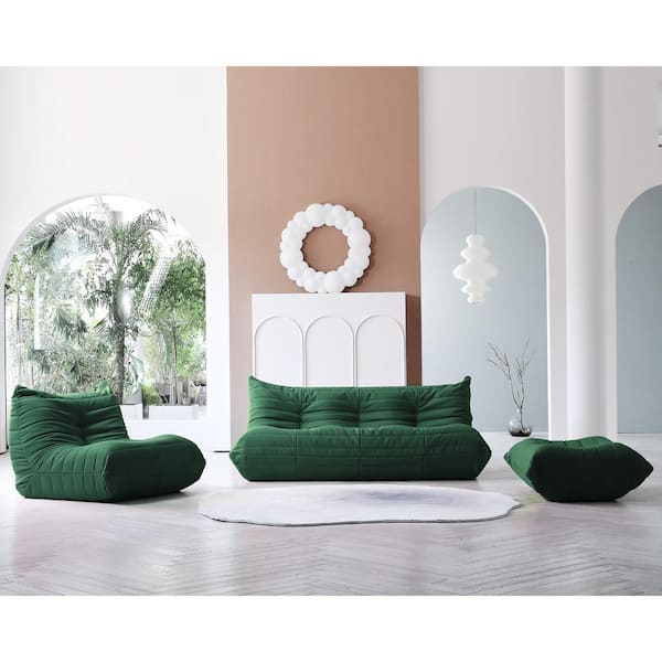 J&E Home 68.93 in. W Armless Teddy Velvet 3-piece Modular Lazy Floor Free combination Sectional Sofa with Ottoman in Green