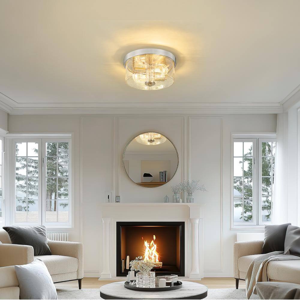 Brushed Nickel 2-Light Round Flush Mount with Seeded Glass Shade