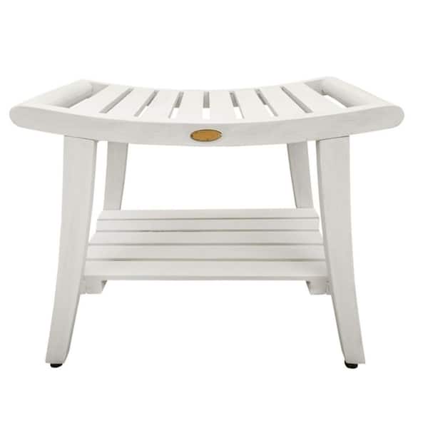 HomeRoots Caroline Driftwood Compact Curviliniear Teak Shower Outdoor Bench with Shelf 20 in. x 18 in. x 24 in.