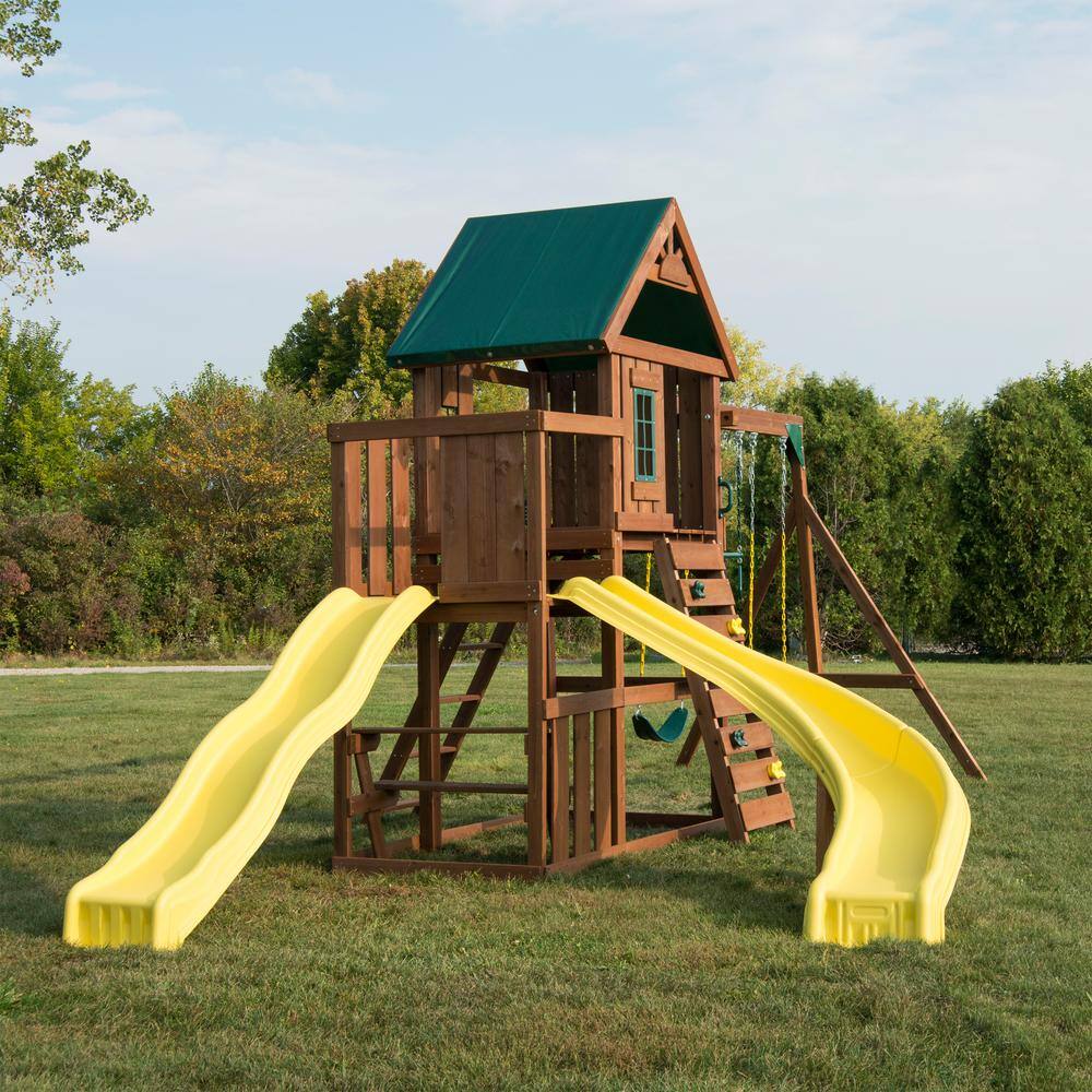 Castlebrook Wooden Swing Set with Yellow Slides and Climbing Wall