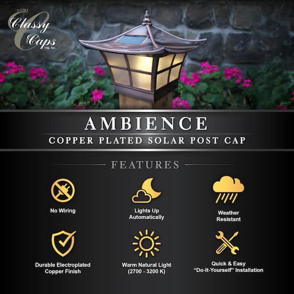 CLASSY CAPS Ambience 4 in. x 4 in. Outdoor Electroplated Copper Solar Post Cap (2-Pack)