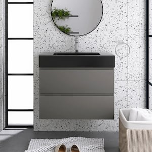 30 in. W x 18 in. D x 25.2 in. H Single Sink Wall-Mounted Bath Vanity in Gray with Black Solid Surface Top