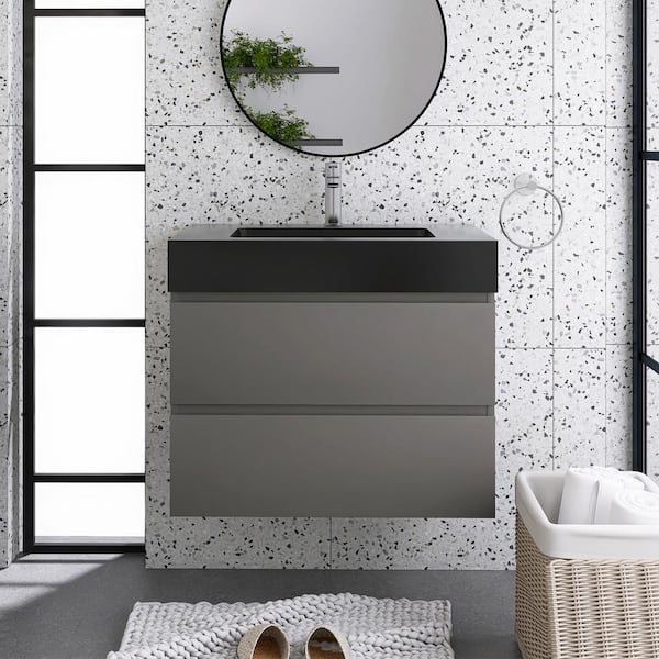 Staykiwi 30 in. W x 18 in. D x 25.2 in. H Single Sink Wall-Mounted Bath Vanity in Gray with Black Solid Surface Top