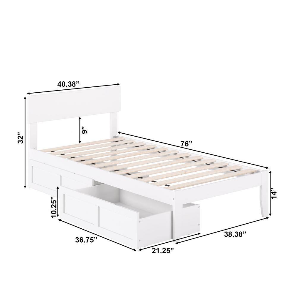 White Twin Wood Platform Bed with Storage Drawers and Upholstered Headboard