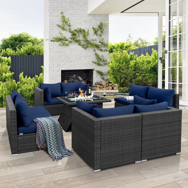 FINCATI Luxury 9-Piece Charcoal Wicker Patio Fire Pit Conversation Sectional Deep Seating Sofa Set with Navy Blue Cushions