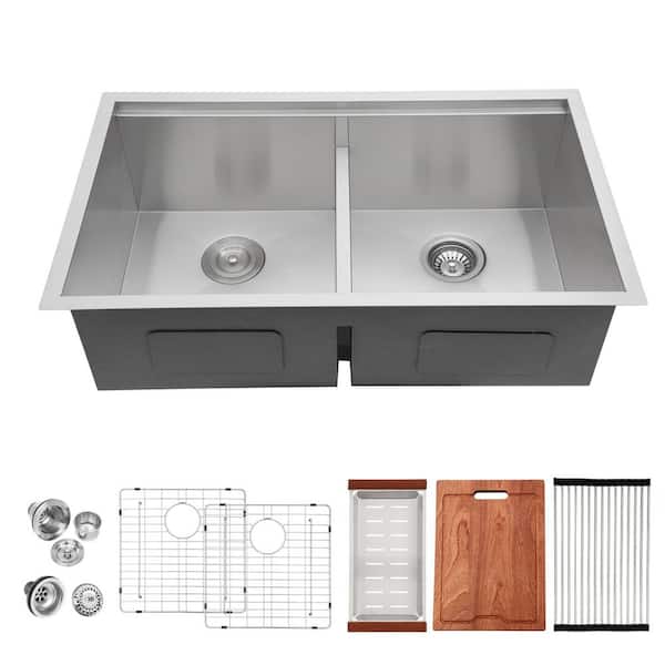 Logmey 16-Gauge Stainless Steel 33 in. Double Bowl Undermount Workstation Kitchen Sink with Right Angel