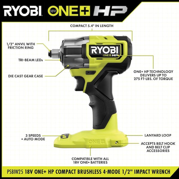 ONE+ HP 18V Brushless Cordless Compact 1/2 in 4 Mode Impact Wrench with FREE 2.0 Ah HIGH PERFORMANCE Battery