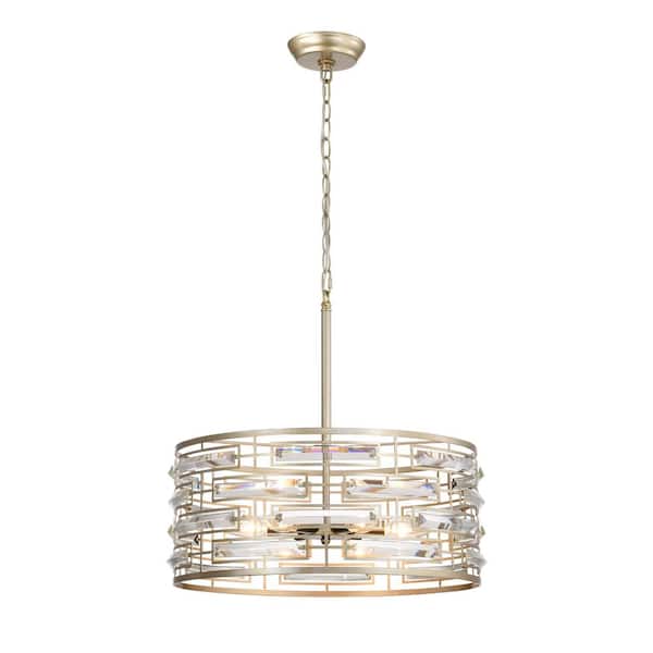 Jojospring Yolanda 6-Light Brushed Champagne Silver Clear Glass Prism Drum Shape Chandelier -20 in. Dia x 18 in. H