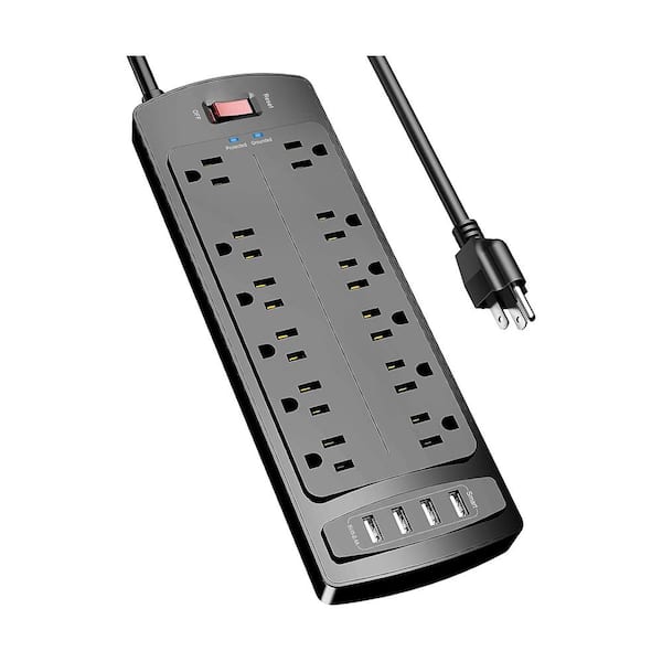 12-Outlet Surge Protector 1875-Watt/15A Power Strip with 4 USB Ports, 6 ft. Extension Cord and 2700 Joules Black