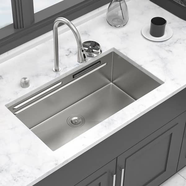 33 in. Undermount Single Bowl 16-Gauge Brushed Nickel Stainless Steel Kitchen Sink with Workstation