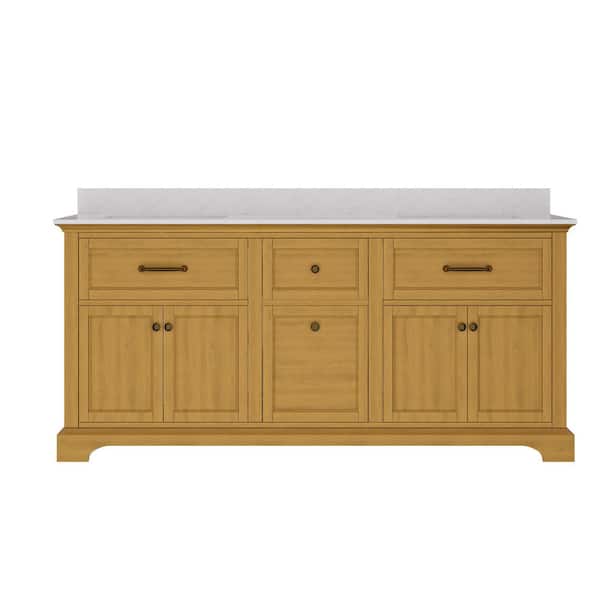 72 in. Double Sink Freestanding Bath Vanity in Walnut Mid Century Wood with White Cultured Marble Top（Assembled）