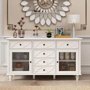 White Wooden 55.1 in. W Sideboards Kitchen Cabinet Cupboard With 6-Drawers, glass Doors, Adjustable Shelves