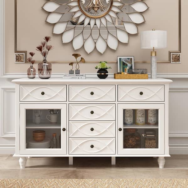 WIAWG White Wooden 55.1 in. W Sideboards Kitchen Cabinet Cupboard With 6-Drawers, glass Doors, Adjustable Shelves