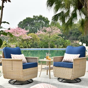 Paradise Cove 3-Piece Wicker Outdoor Rocking Chair Set with Navy Blue Cushions
