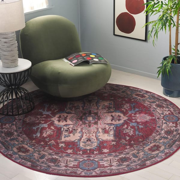 Tucson Red/Beige 5 ft. x 5 ft. Machine Washable Ornate Medallion Border Round Area Rug