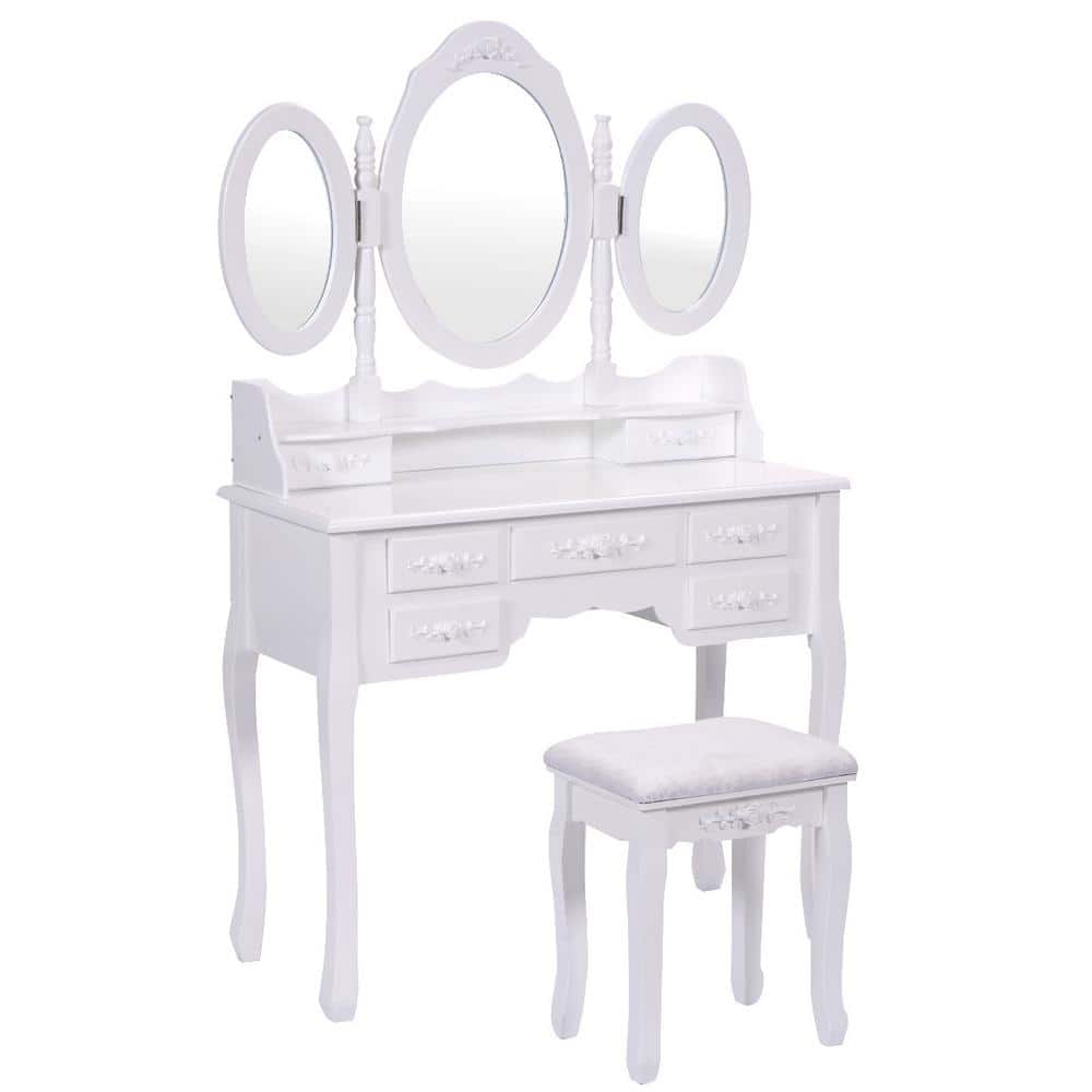 Reviews for Costway White Wood Bedroom Vanity Set Tri Folding Mirror Makeup Table Stool (Set of