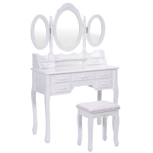 Costway White Wood Bedroom Vanity Set Tri Folding Mirror Makeup Table Stool (Set of 2)