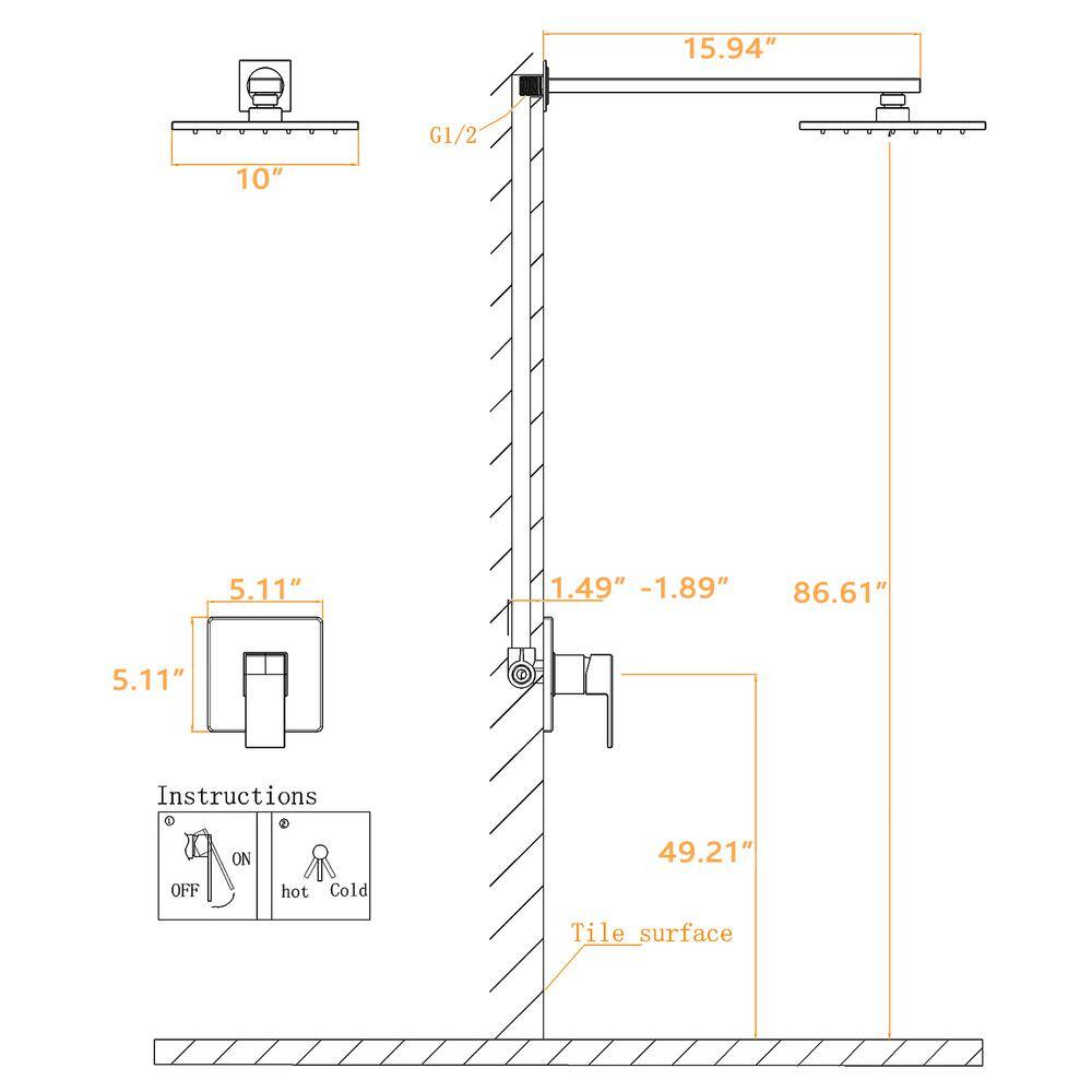 10-Inch Matte Black Brass Rain Shower System with Square Head