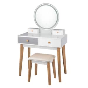 2-Piece White Grey Vanity Table with Color Lighting Modes Makeup Table and Stool Set Jewelry Divider