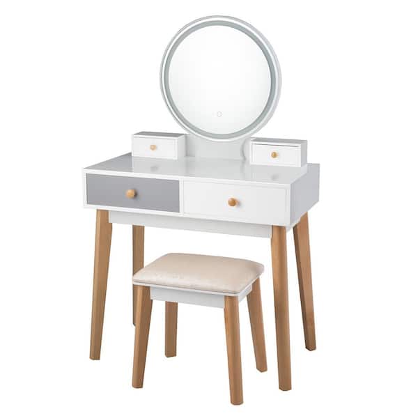 2-Piece White Grey Vanity Table with Color Lighting Modes Makeup Table and Stool Set Jewelry Divider