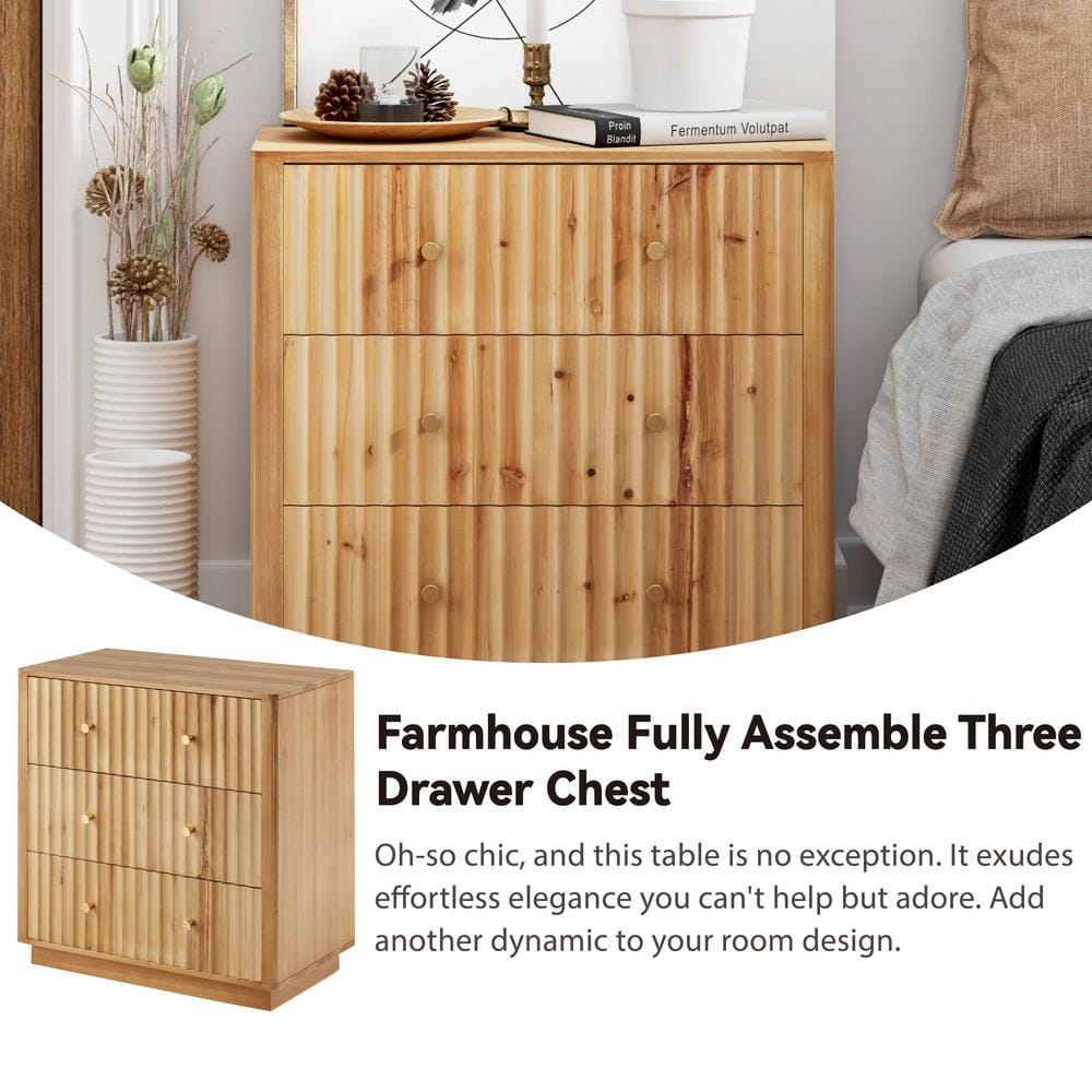 Natural Pine 3-Drawer Farmhouse Dresser with Vertical Wave Design