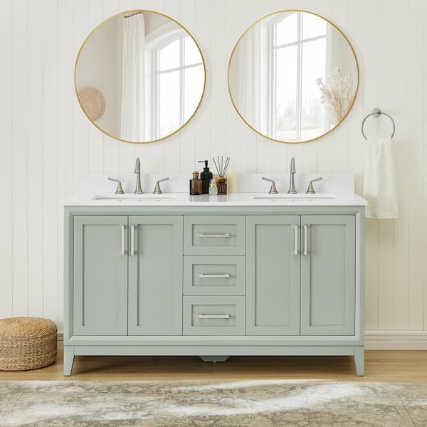 Caldera 60 in. Double Sink Freestanding Light Grey Bath Vanity with Pure White Engineer Stone Top