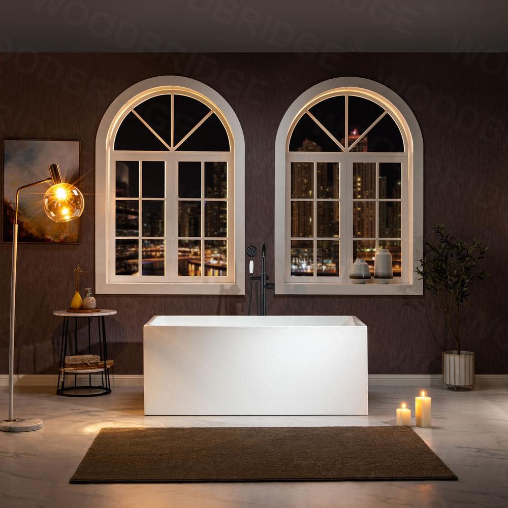 59'' White Acrylic Freestanding Rectangular Soaking Bathtub