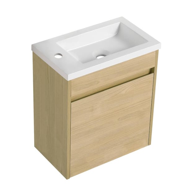 Adrinfly 17.50 in W Single Sink Floating Bath Vanity in Light Teak Finish with White Resin Sink and Soft-Close Door