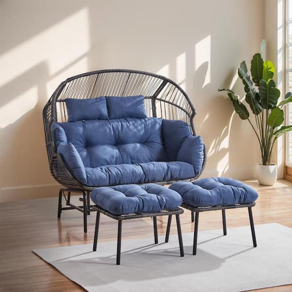 Opohoro 3-Piece Patio Egg Chair Set, 2-Person Gray Wicker Outdoor Glider Loveseat with Navy Blue Cushions and 2 Ottomans