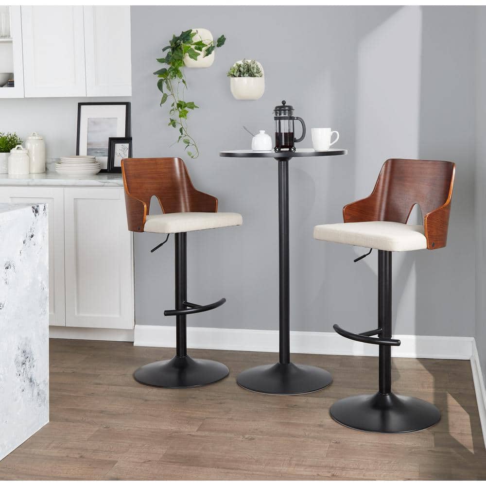 Ariana Adjustable Black Metal Walnut Wood Beige Barstools with Swivel