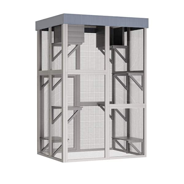 70.5 in. Tall Wooden Catio Outdoor Cat Enclosure, Gray Cat House Large Solid Wood Cage Playpen