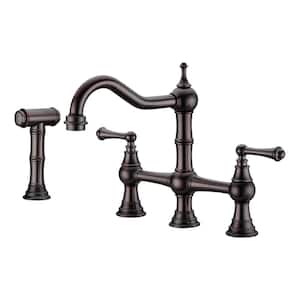 Double Handle Bridge Kitchen Faucet with Pull-Out Side Spray in Oil Rubbed Brushed
