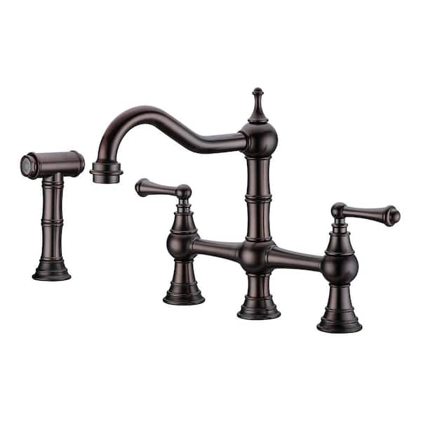 UPIKER Double Handle Bridge Kitchen Faucet with Pull-Out Side Spray in Oil Rubbed Brushed